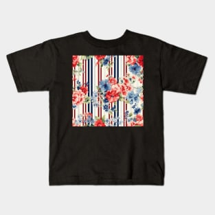 Red White and Blue Patriotic Shabby Floral Kids T-Shirt